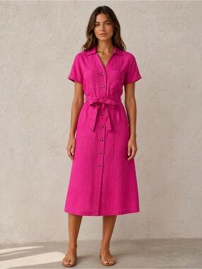 Women's Fuchsia Button-Front Midi Dress with Tie Waist